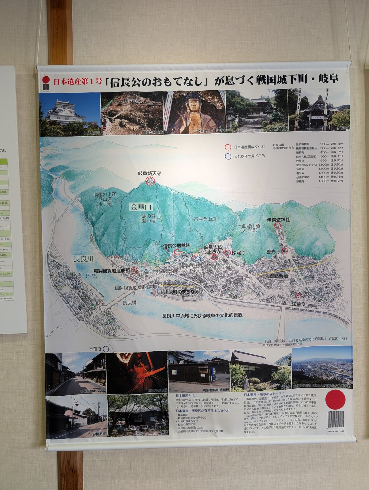 館内のパネル。岐阜公園から伊奈波神社1400m 徒歩21分、崇福寺1500m 徒歩23分とある