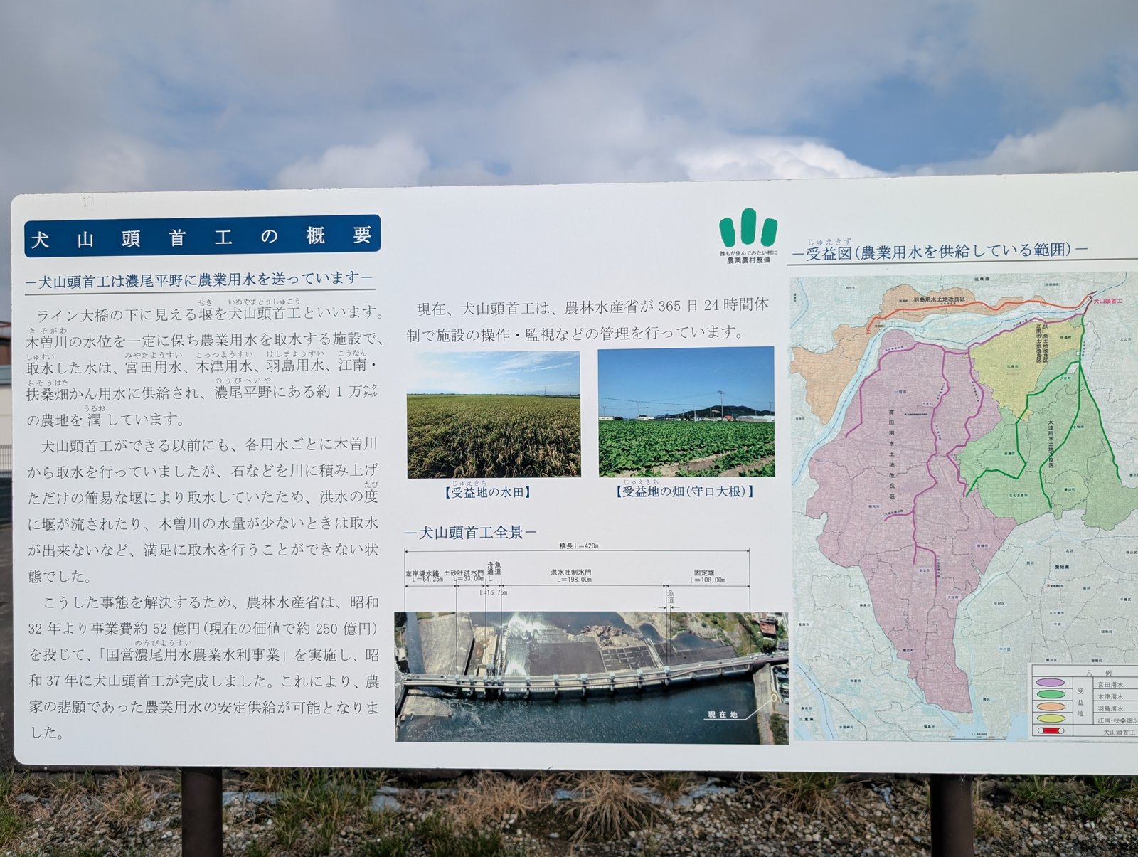 農林水産省の説明板「犬山頭首工の概要」。受益範囲の地図に羽島用水の名がある（2026年9月撮影）