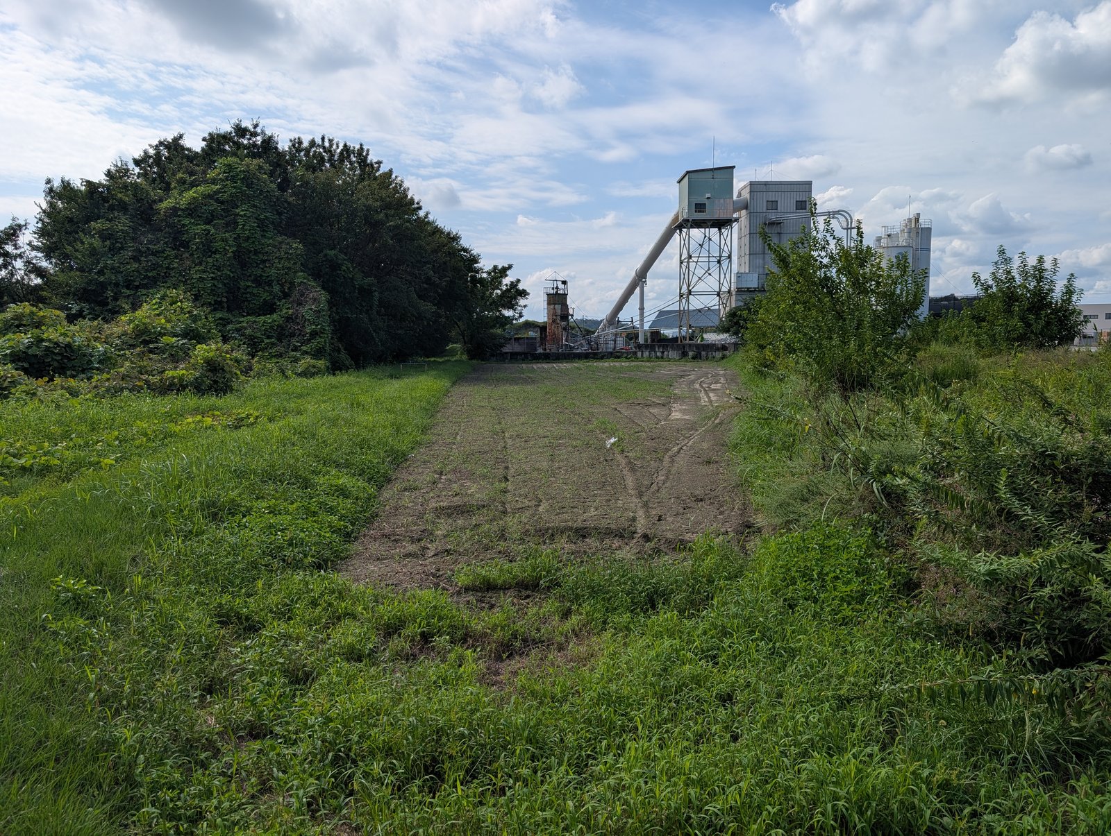 説明板の立つ現場。草地の奥に生コン工場のプラント（2026年9月撮影）