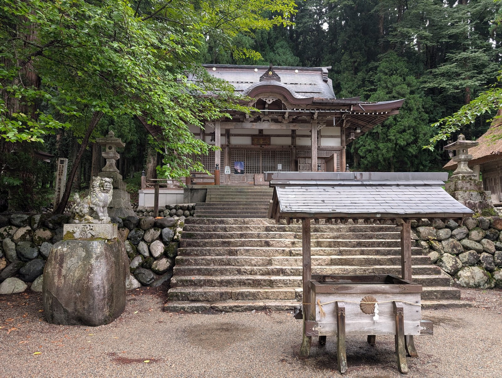 白川八幡神社の拝殿。石段の下に狛犬と手水舎がある（2026-08-27 撮影）