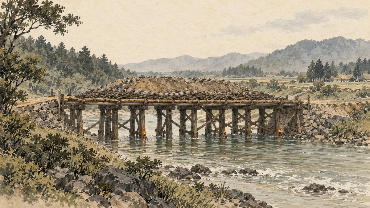 川に架けた木の橋に枝と土石を盛った「棚築き」を描いた挿絵だ