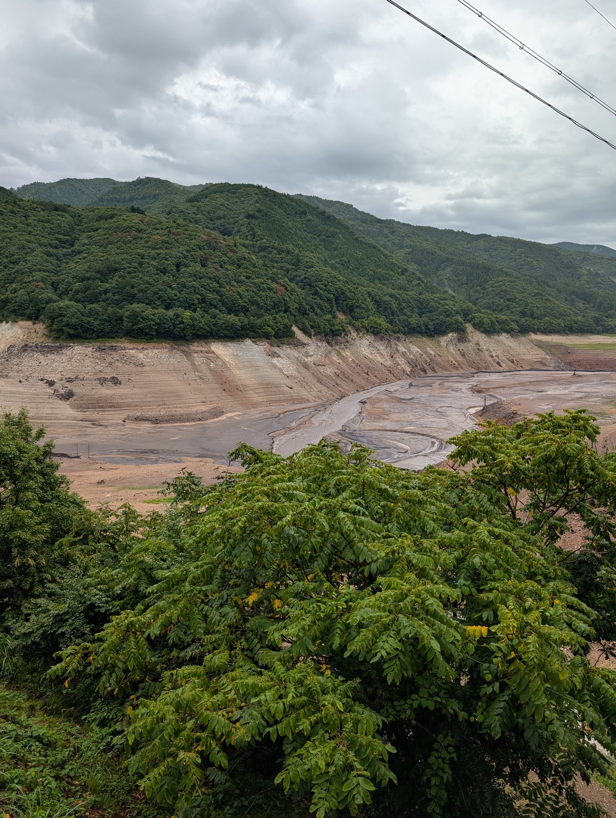 荘川桜公園の湖畔から見た御母衣湖。水位が下がり、湖底が見えている(2026年8月27日)