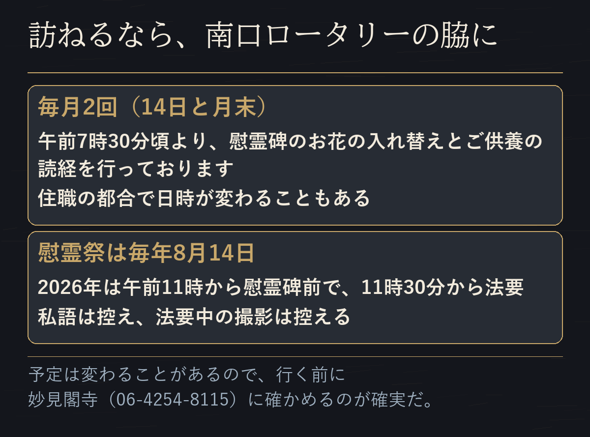 妙見閣寺の毎月2回のお勤めと、毎年8月14日の慰霊祭の予定を並べた表