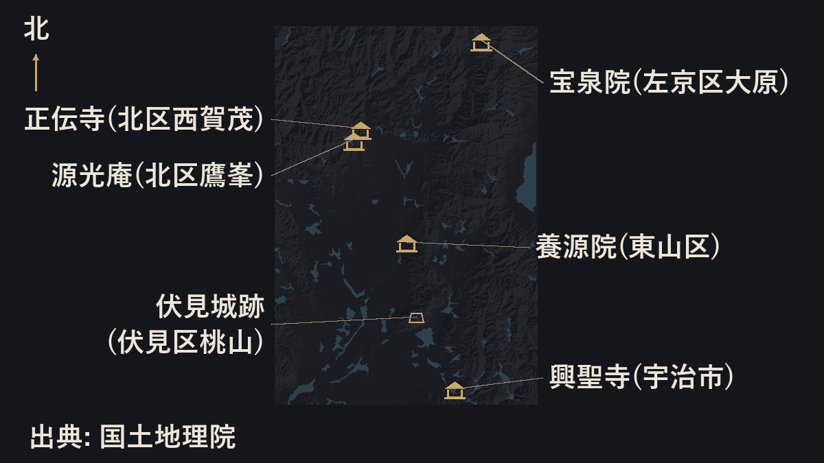 血天井のある5か寺と伏見城跡の位置図。宝泉院(左京区大原)・正伝寺(北区西賀茂)・源光庵(北区鷹峯)・養源院(東山区)・興聖寺(宇治市)と、伏見城跡(伏見区桃山)。