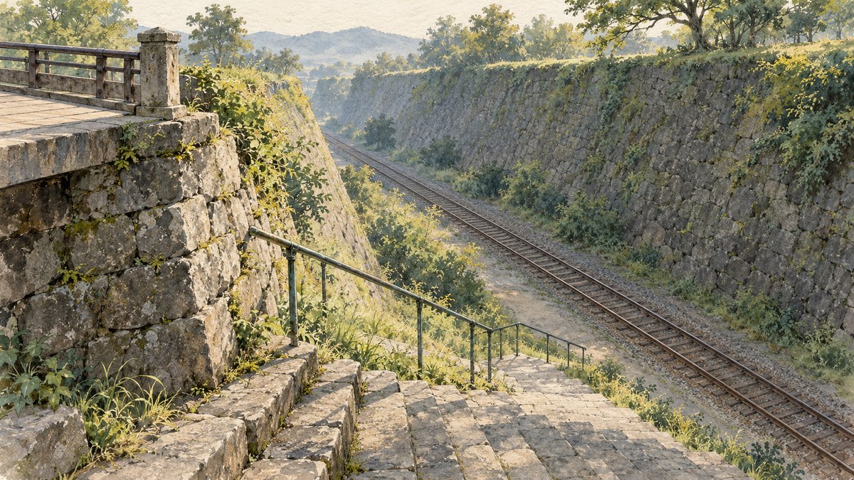 石垣の堀の底へ降りる階段と、堀の底に延びる線路を描いた挿絵だ
