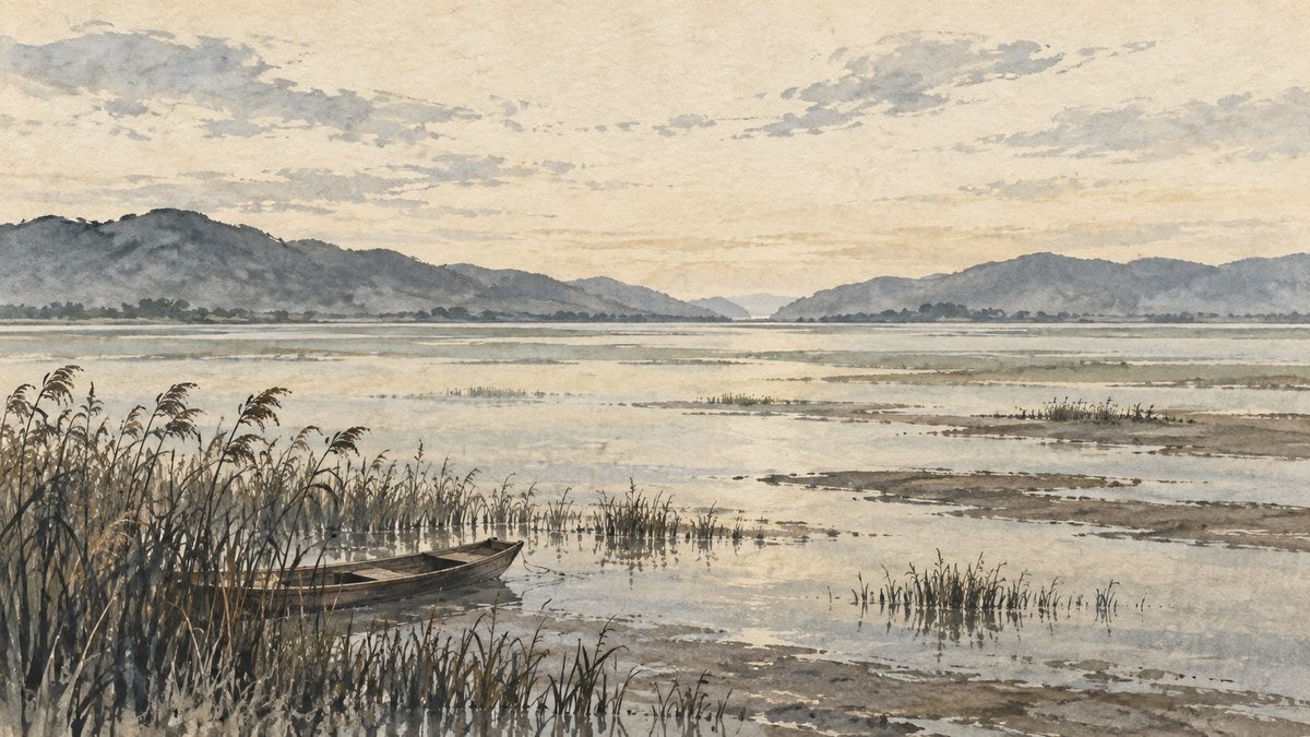 干拓前の巨椋池を思わせる想像の景色(挿絵)。実際の地形・建物の再現ではなく、水位や岸線は正確ではない。