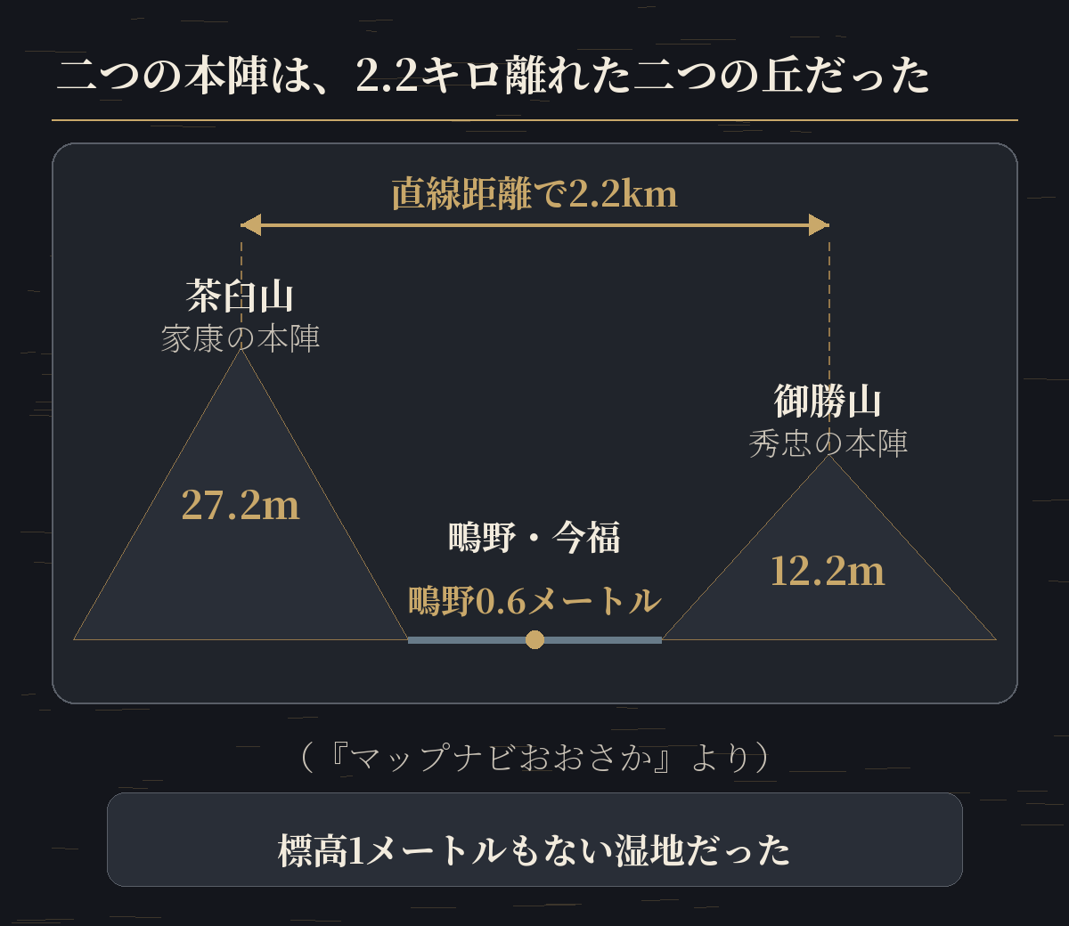 家康の本陣・茶臼山と秀忠の本陣・御勝山の高さと距離、その間の鴫野・今福の低さを断面で示した図