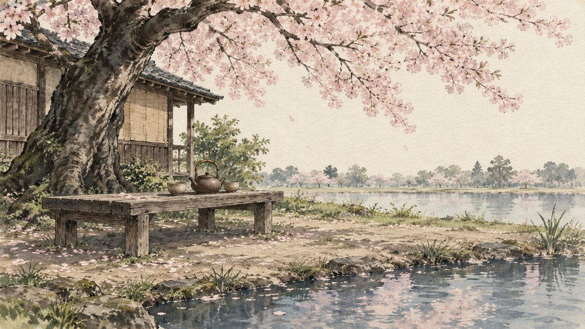 満開の桜の下に茶店の縁台と茶道具だけを置いた挿絵だ