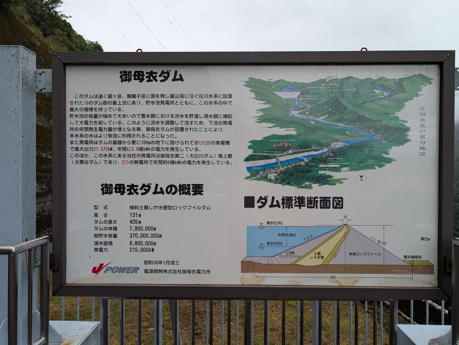 御母衣ダム堤体の展望所に立つJ-POWERの説明板。断面図に満水位760、低水位695、利用水深65(単位メートル)とある