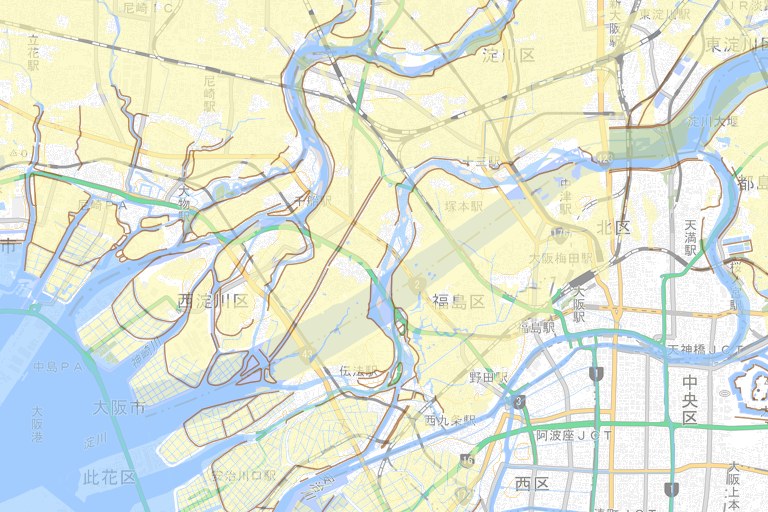 明治期の低湿地(黄色)と水部(青)を現代の地図に重ねたもの。市街の西半分が水の記憶の上にあり、上町台地だけが白く残る。出典: 地理院タイル(明治期の低湿地)を加工して作成