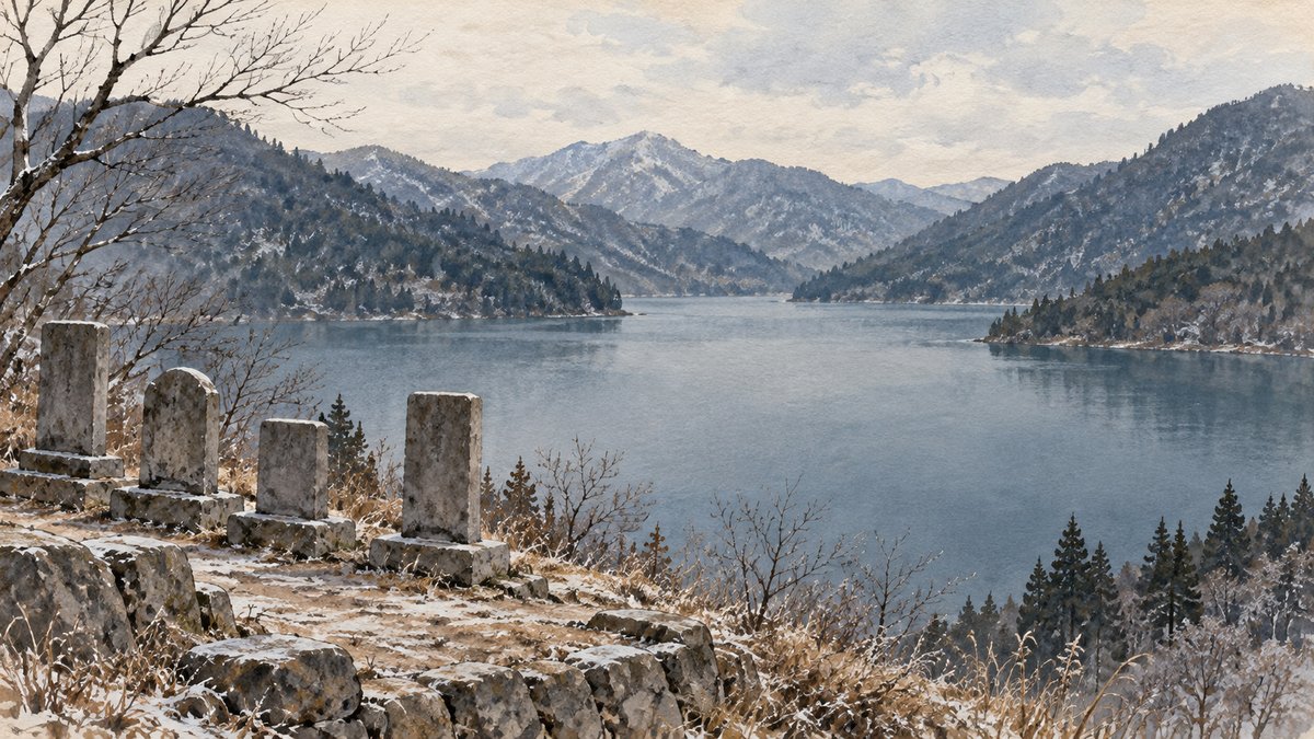 湖を見下ろす高台の碑を思わせる想像の景色(挿絵)。実在の碑の配置や、実際の地形・建物の再現ではない。