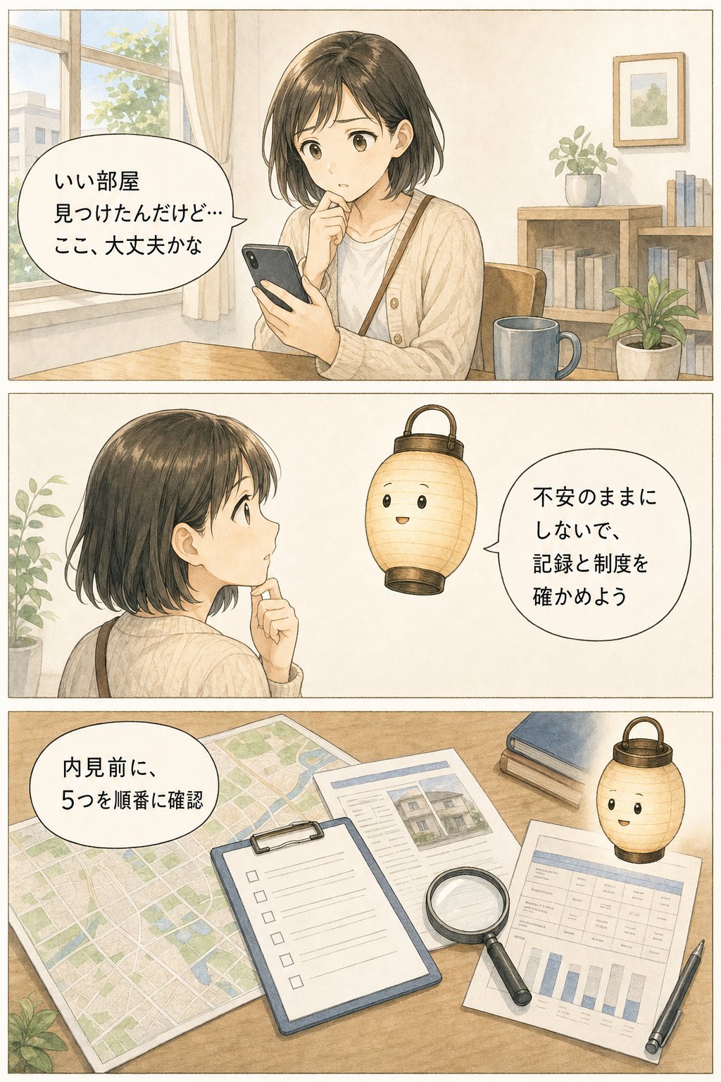 事故物件の調べ方 — 内見前に無料でできる確認5つ まんが解説 1ページ目