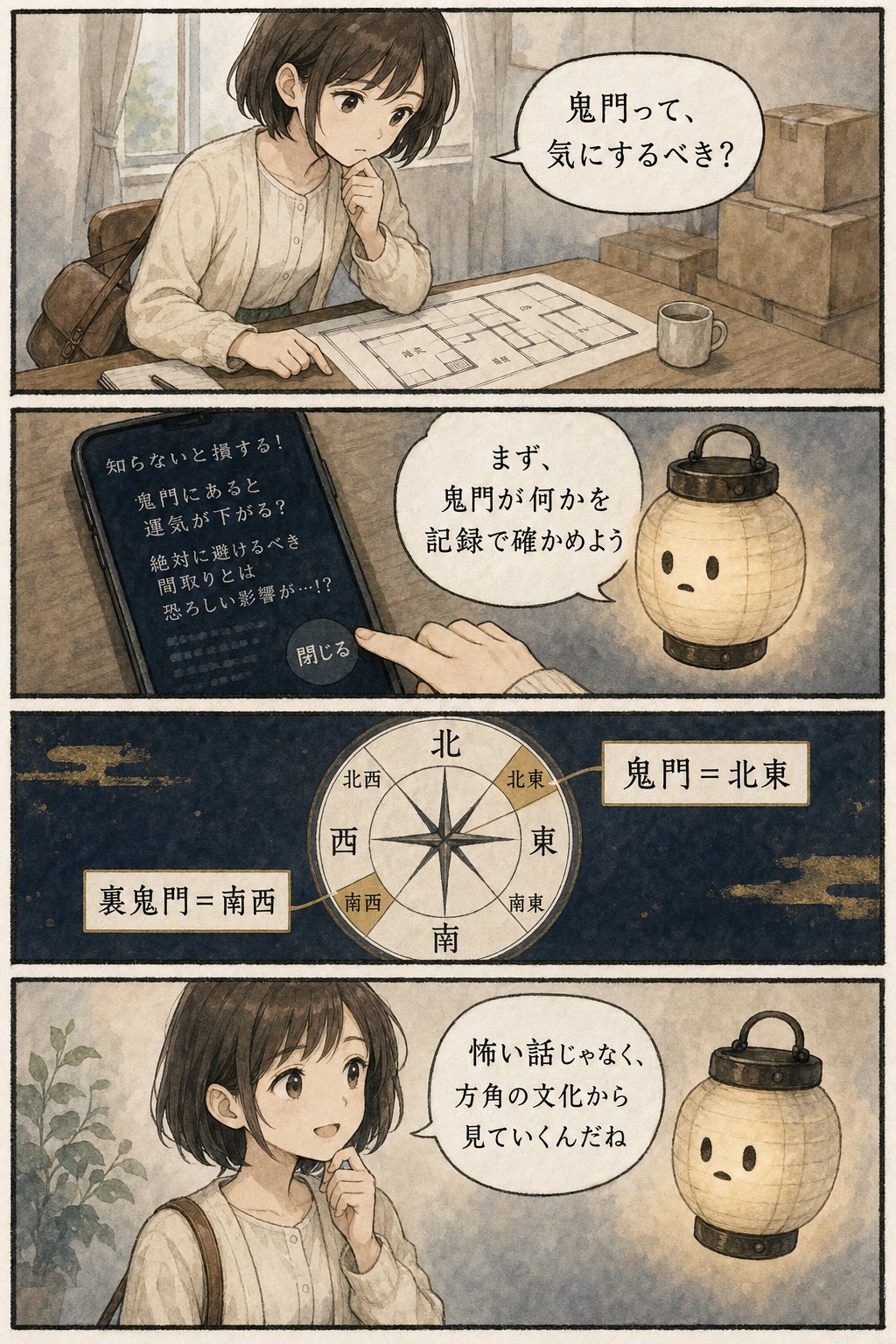 鬼門の方角の調べ方 — 自宅の北東・南西を正しく出す手順 まんが解説 1ページ目