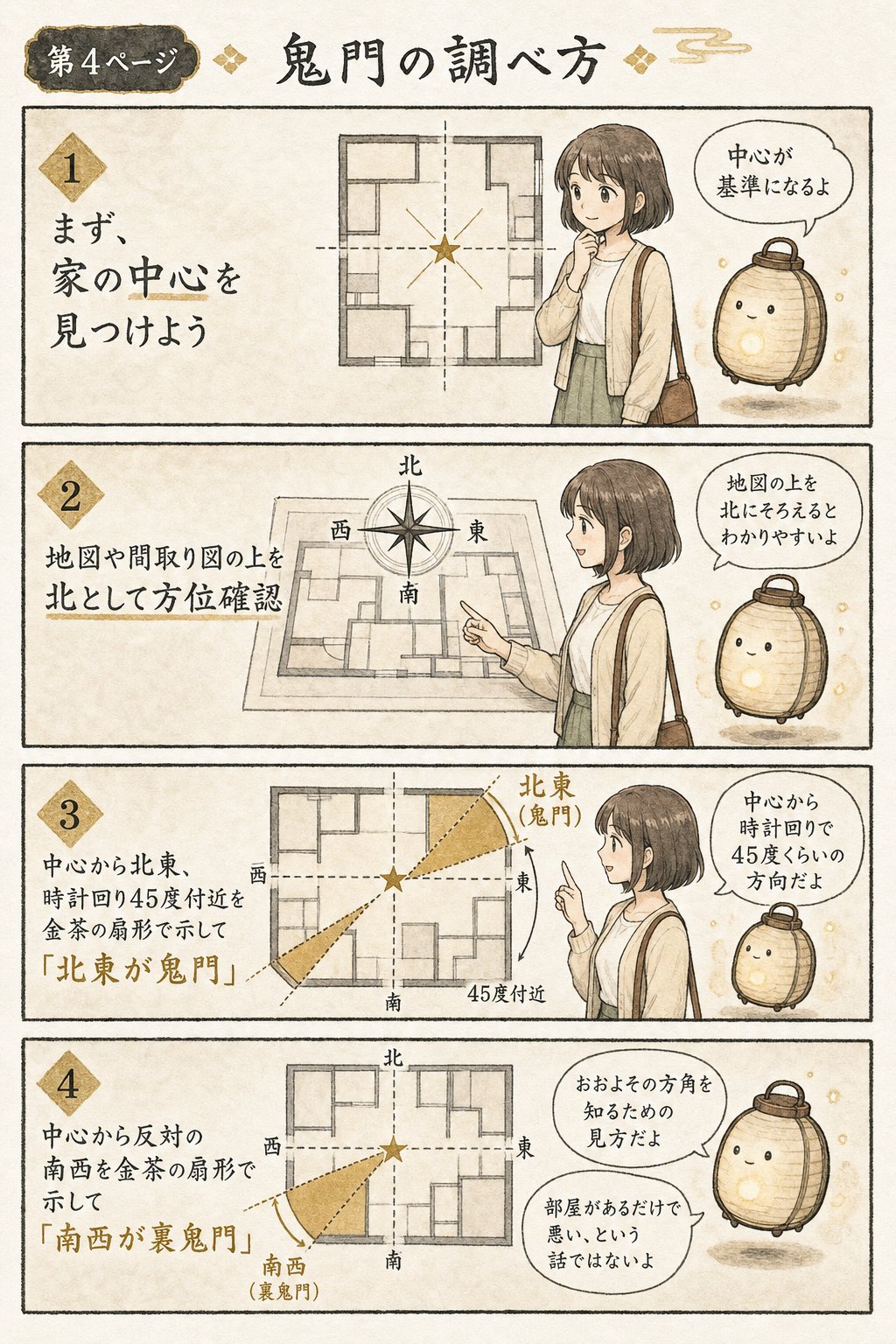 鬼門の方角の調べ方 — 自宅の北東・南西を正しく出す手順 まんが解説 4ページ目