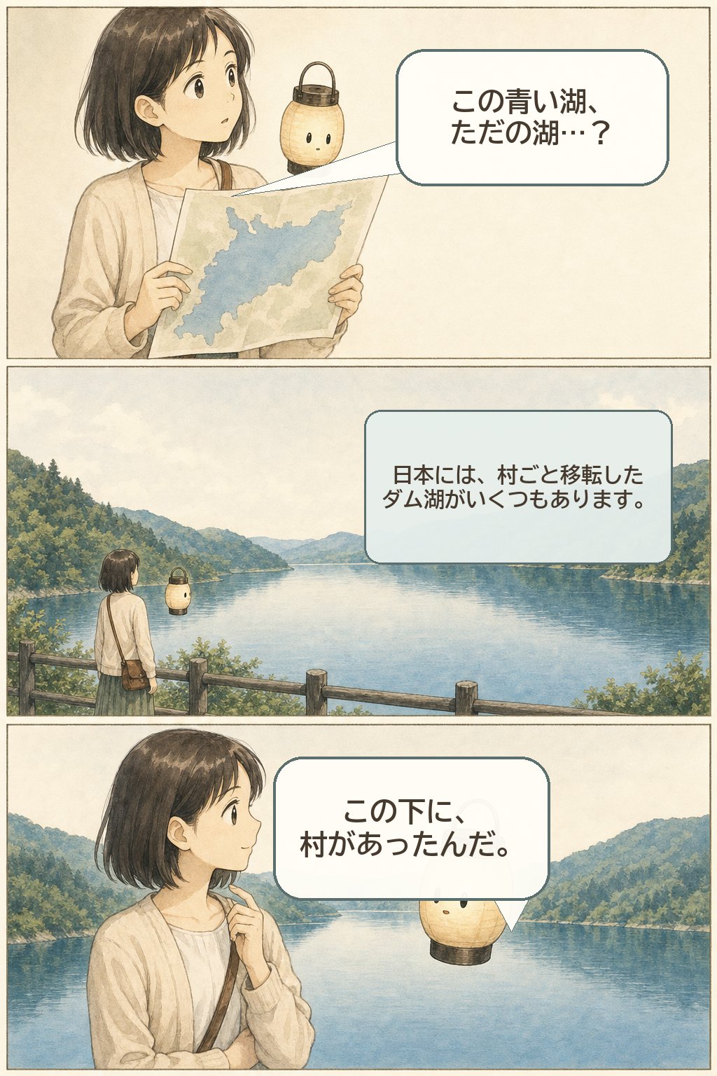 湖の底に、村がある — 日本の「湖底に沈んだ村」を地図でたどる まんが解説 1ページ目