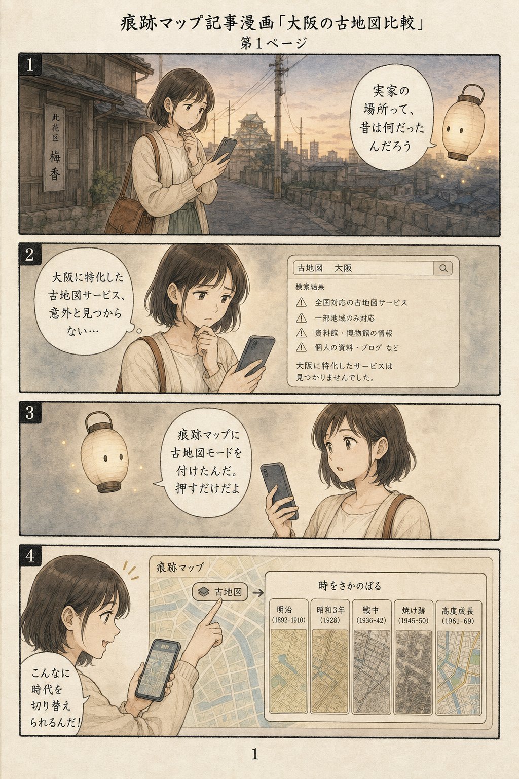 大阪の古地図比較、無料でできる方法を全部試した まんが解説 1ページ目