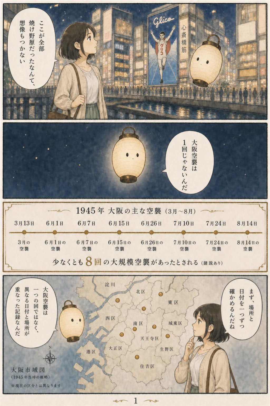 大阪空襲はどこが焼けたのか — 場所を地図でたどる まんが解説 1ページ目
