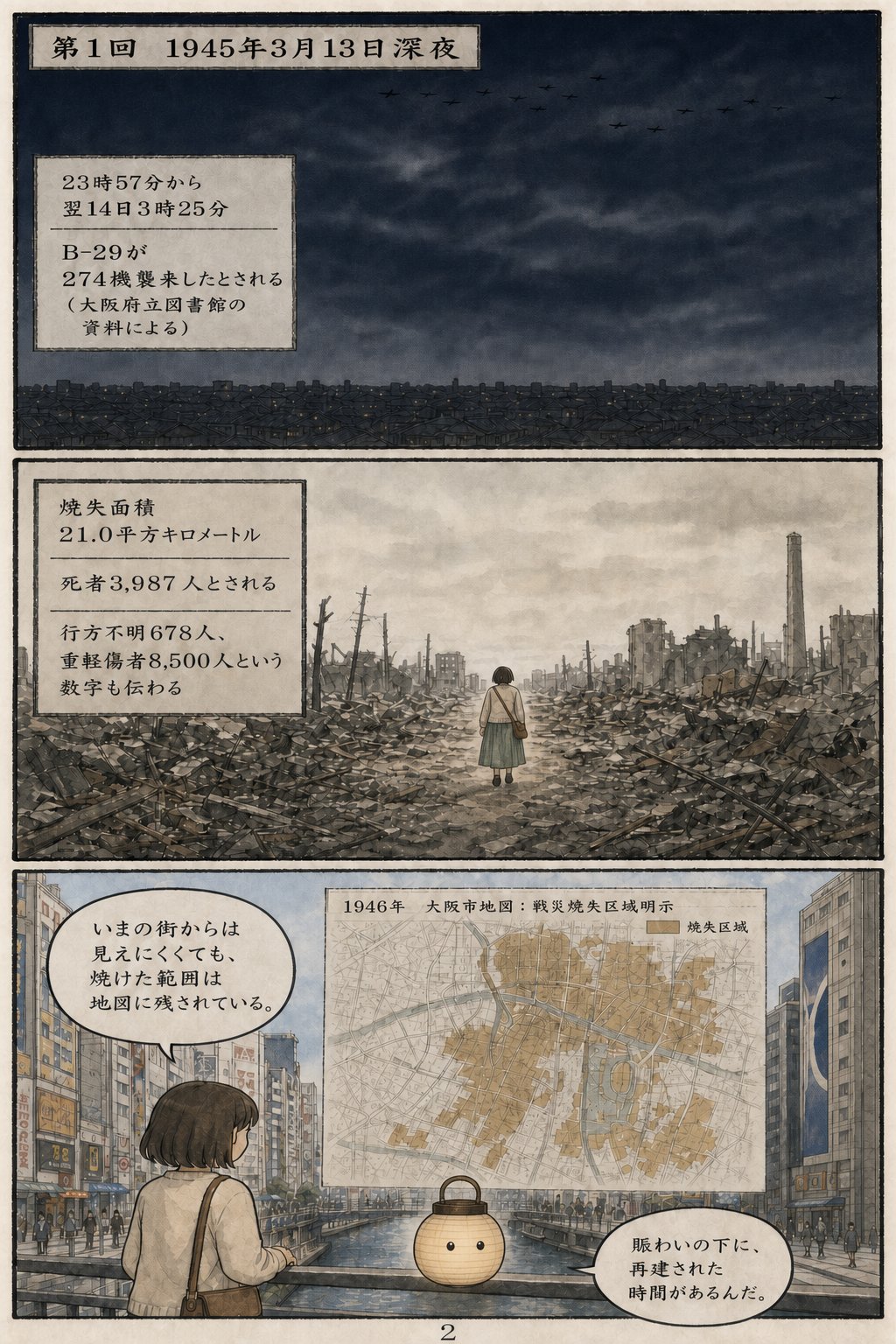大阪空襲はどこが焼けたのか — 場所を地図でたどる まんが解説 2ページ目