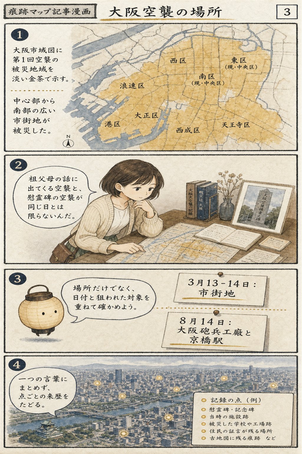 大阪空襲はどこが焼けたのか — 場所を地図でたどる まんが解説 3ページ目