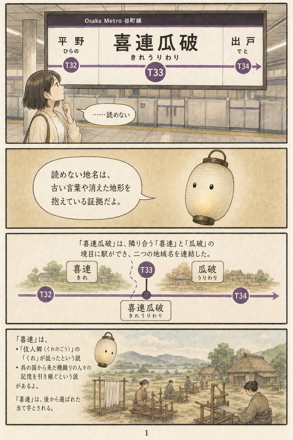 大阪の難読地名の由来 — 喜連瓜破・放出・杭全は何の痕跡か まんが解説 1ページ目