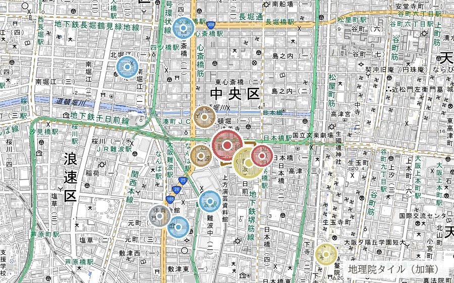 千日前二丁目の町域と周辺の痕跡を示す地図