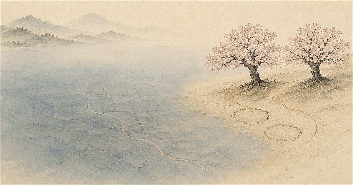 旧荘川村の水没集落（御母衣ダム湖底・荘川桜）の象徴図（イラスト）