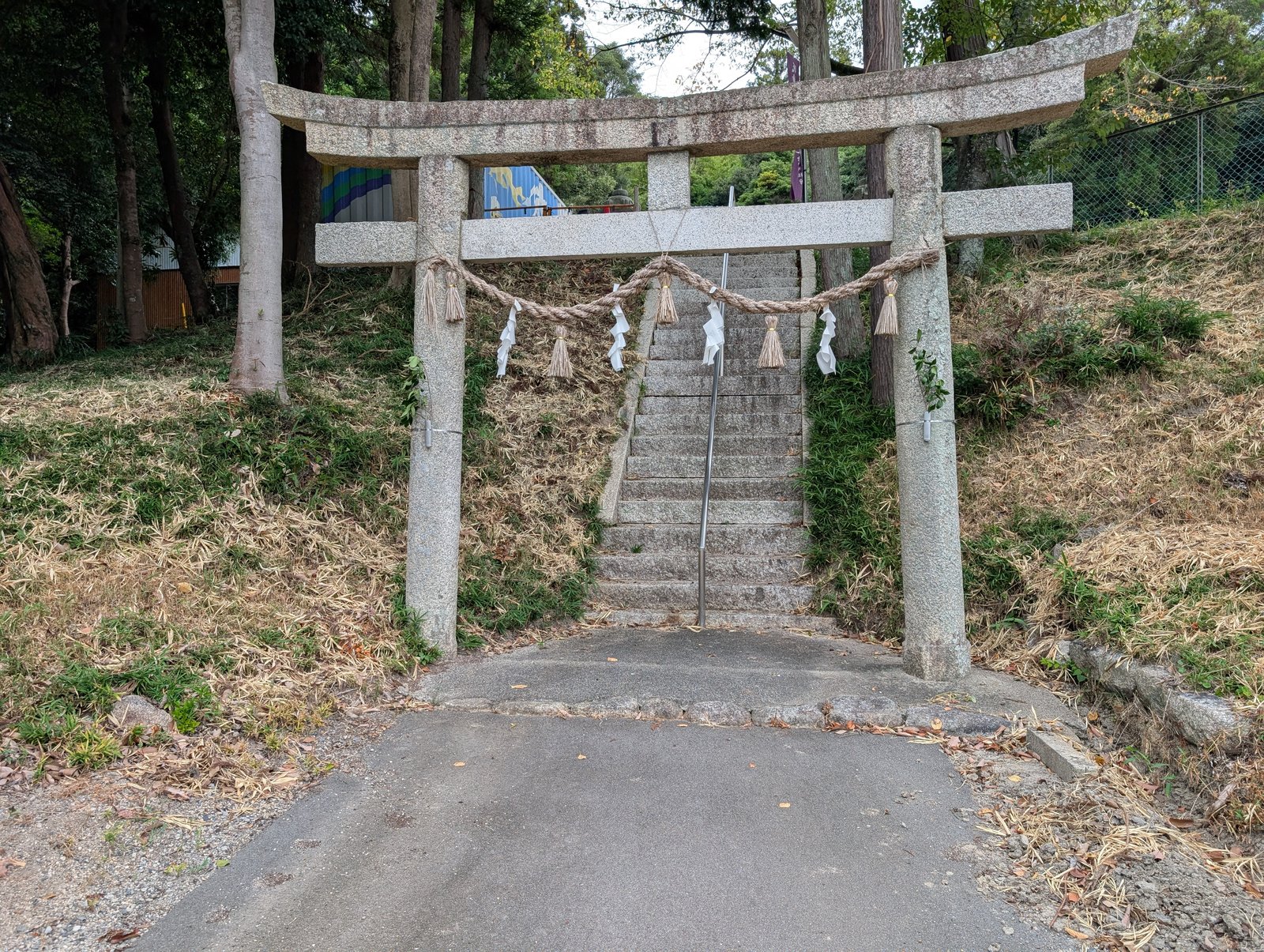保曽井神社の鳥居と石段。この裏手の丘が城跡と伝わる