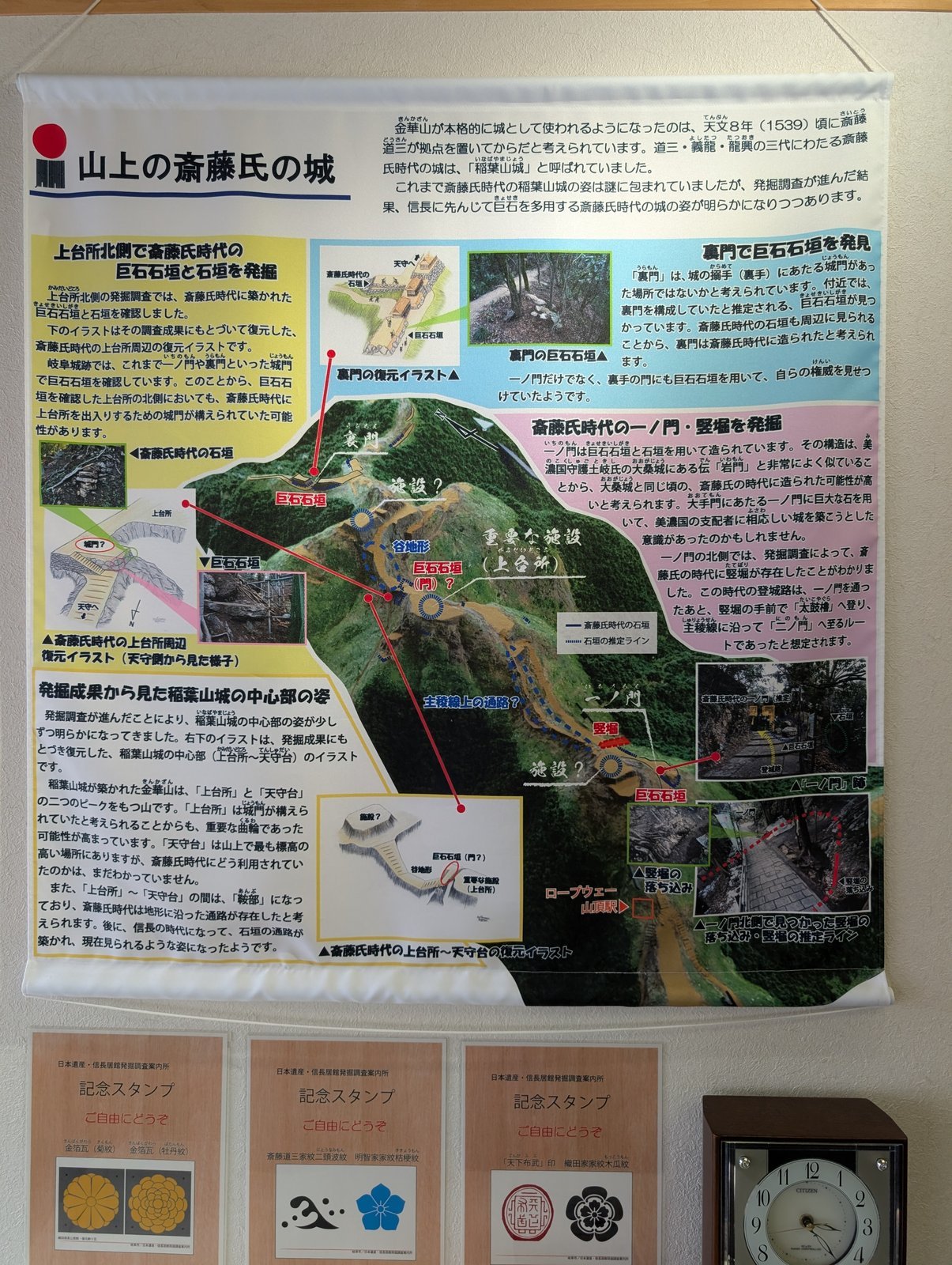 展示パネル「山上の斎藤氏の城」。発掘の成果がまとめてある（2026年9月撮影）