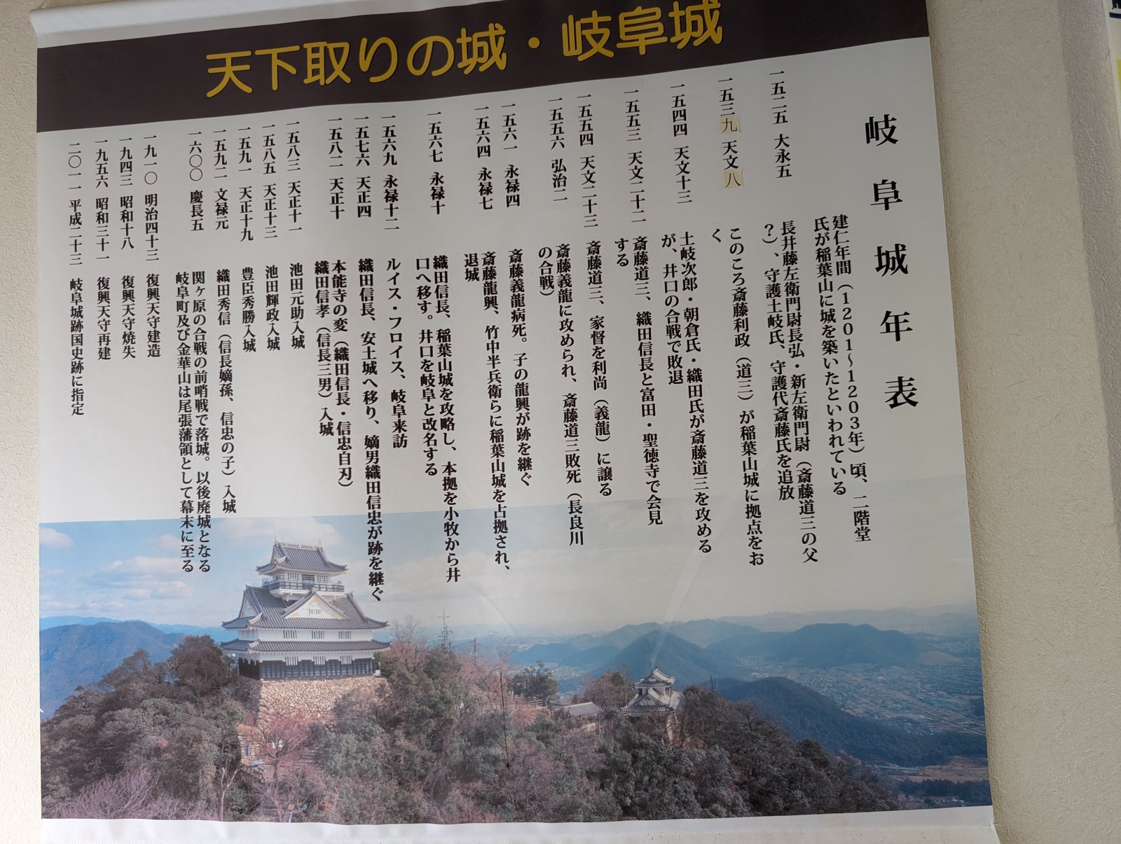 館内の「岐阜城年表」。昭和31年に再建とある（2026年9月撮影）