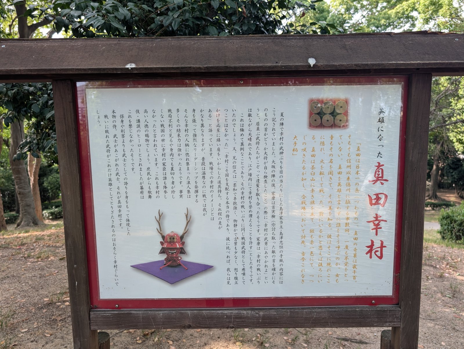 「真田幸村」の説明板。夏の陣でこの丘に本陣が置かれた