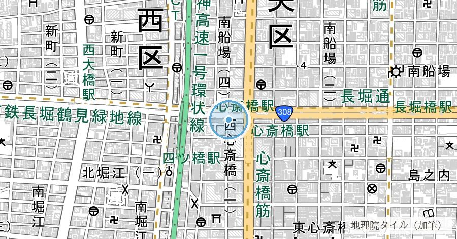 長堀川跡（長堀通）の位置を示す地図