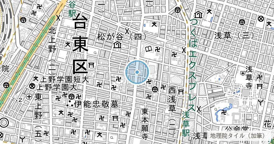 新堀川跡と合羽橋（かっぱ橋の地名由来）の位置を示す地図