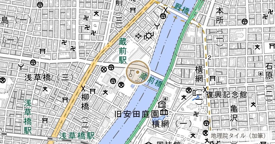 浅草御蔵跡（「蔵前」の地名由来）の位置を示す地図