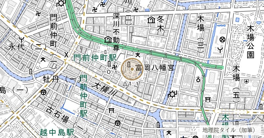 富岡八幡宮と永代島（深川埋立の起点）の位置を示す地図