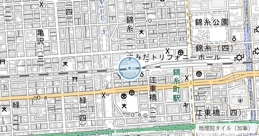 「錦糸町」の地名由来（消えた錦糸堀）の位置を示す地図