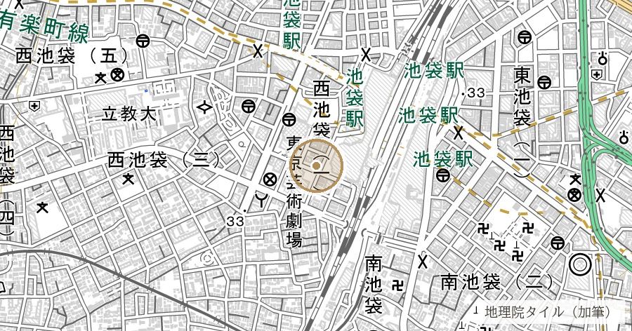 「池袋」地名の由来（丸池・元池袋史跡公園）の位置を示す地図