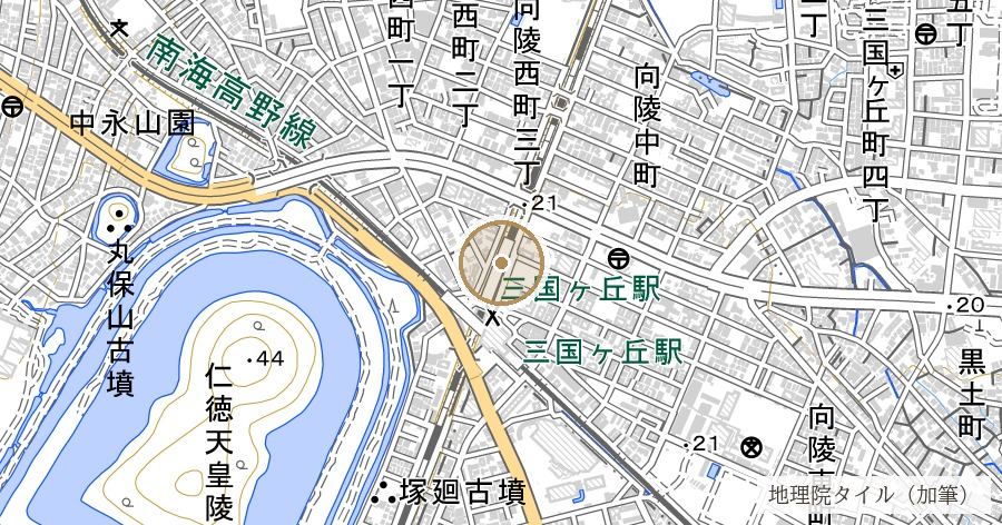 「三国ヶ丘」と三国の境（市名「堺」の由来）の位置を示す地図