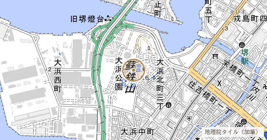 大浜公園と堺水族館跡（第5回内国勧業博覧会第2会場）の位置を示す地図