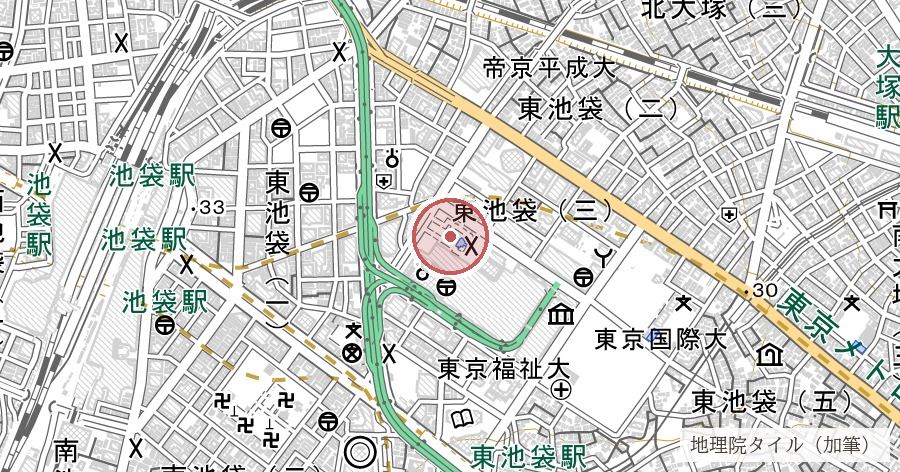 巣鴨プリズン跡（東池袋中央公園）の位置を示す地図