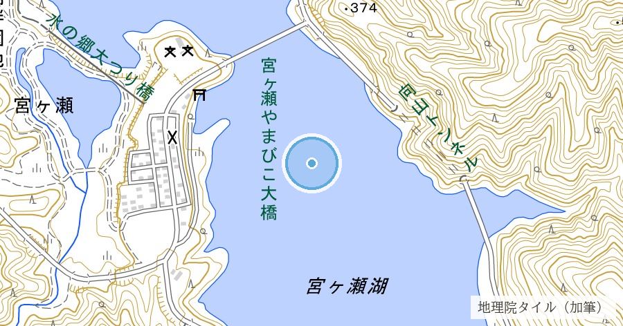宮ヶ瀬集落の水没地（宮ヶ瀬ダム・宮ヶ瀬湖底）の位置を示す地図