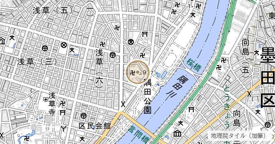 待乳山（浅草の下町平地に残る天然の微高地）の位置を示す地図