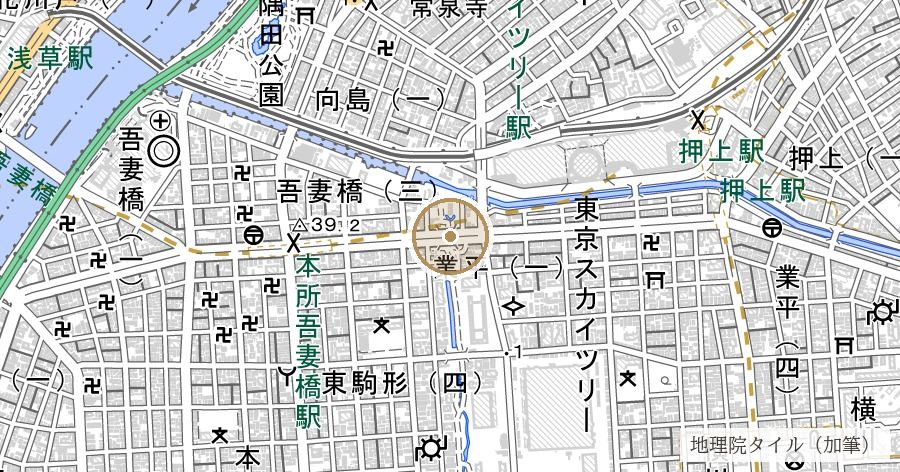 「業平」の地名と在原業平の東下り伝承（業平橋）の位置を示す地図