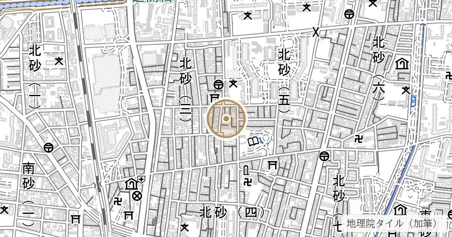 「砂町」の地名由来（海を拓いた砂村新田）の位置を示す地図