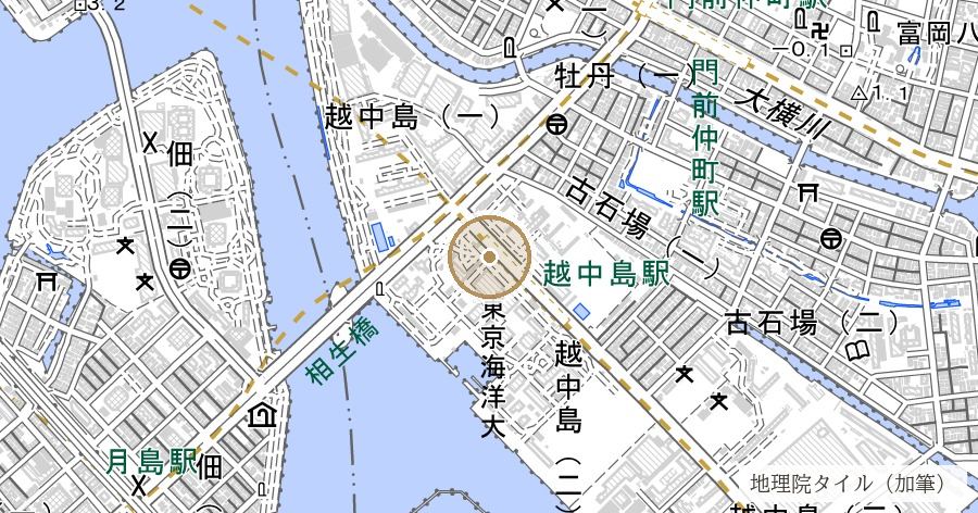 「越中島」の地名由来（榊原越中守の別邸があった寄洲）の位置を示す地図