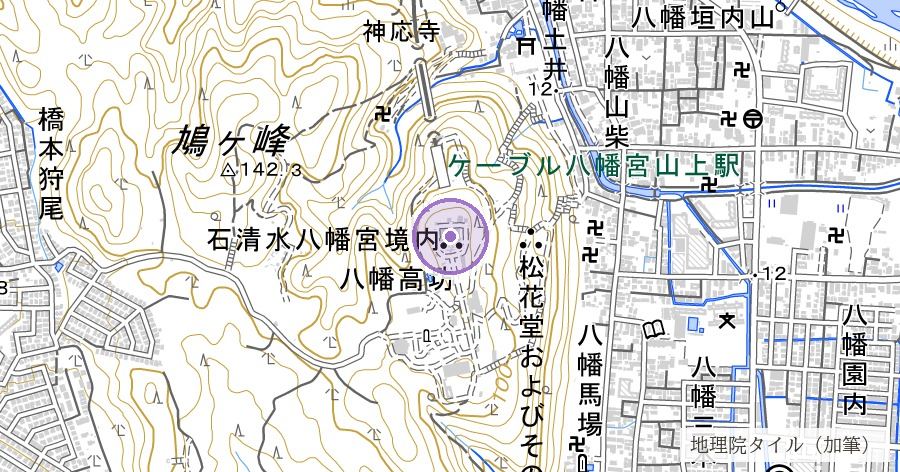 石清水八幡宮（平安京の裏鬼門を守る社と伝わる）の位置を示す地図