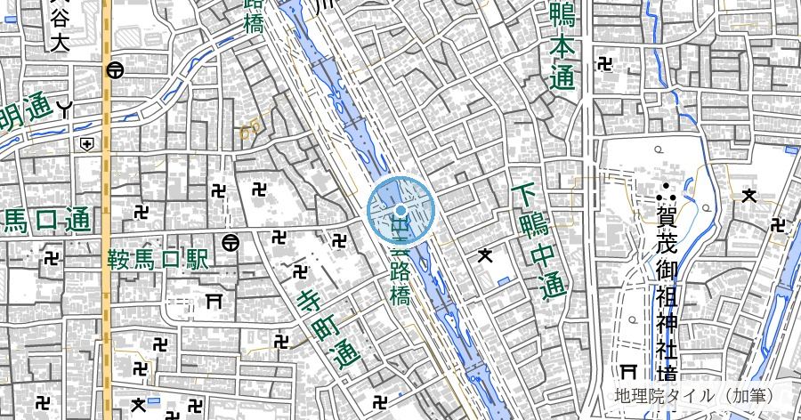 鴨川(賀茂川)の氾濫史(出雲路橋周辺・昭和10年大水害)の位置を示す地図