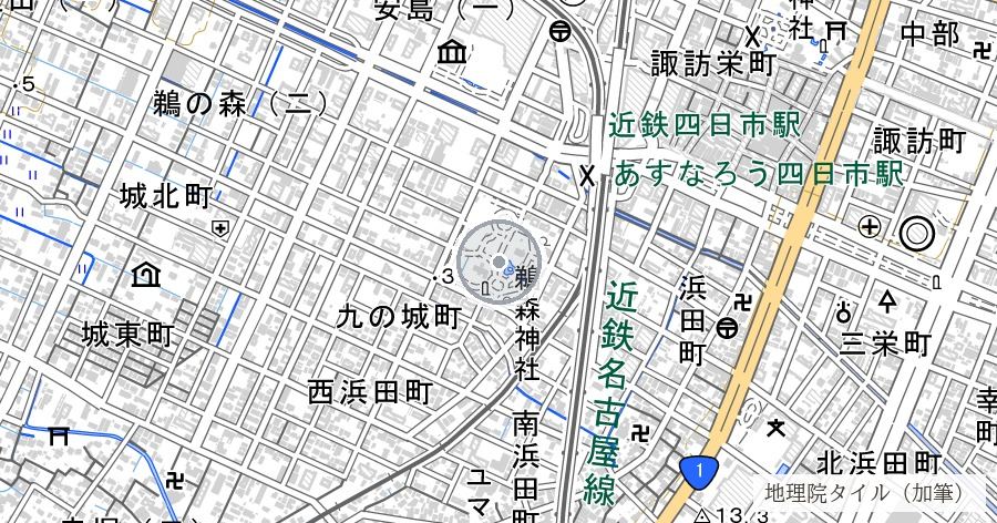 四日市空襲の中心被災地と殉難碑（鵜の森公園）の位置を示す地図