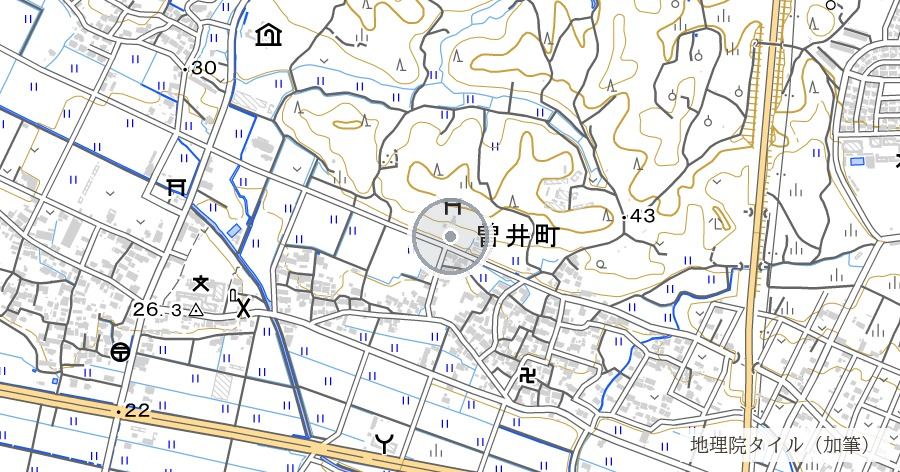 曽井城跡（保曽井神社裏手の丘）の位置を示す地図