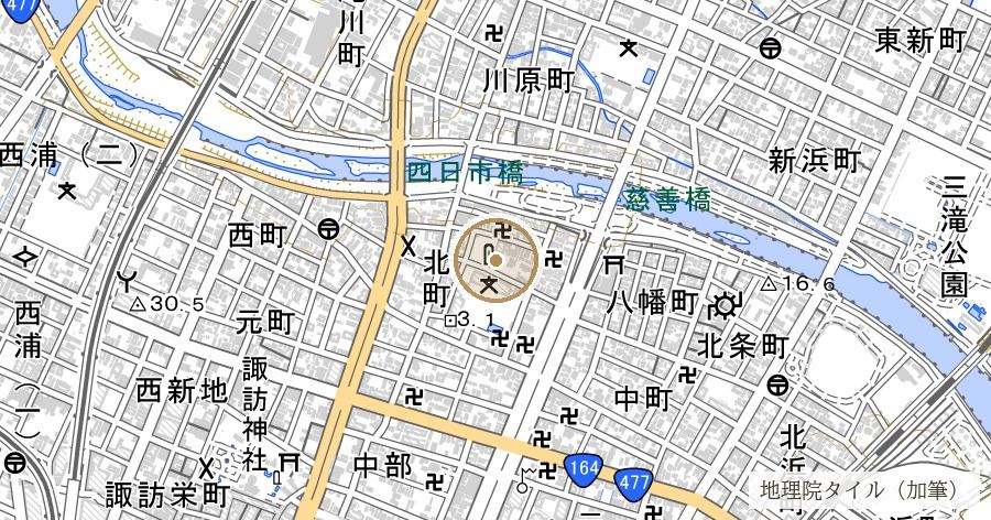 「四日市」の地名由来（四のつく日の定期市）の位置を示す地図