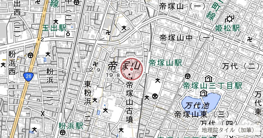 帝塚山古墳（住宅街に残る前方後円墳）の位置を示す地図